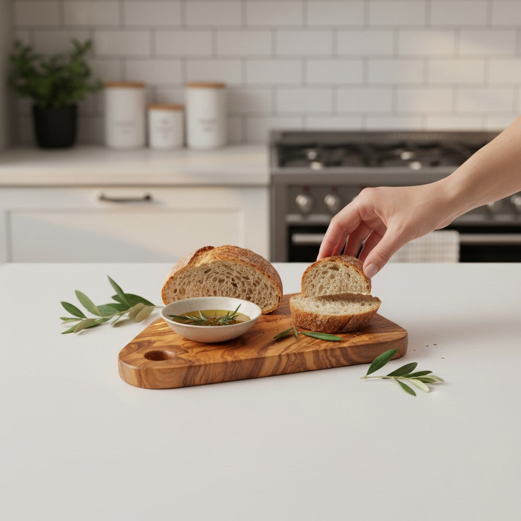 Handmade Olive Wood Cutting Board with Handle & Hanging Hole | Rustic Bread Cheese & Serving Board | Beautiful Natural Grain | 28 cm