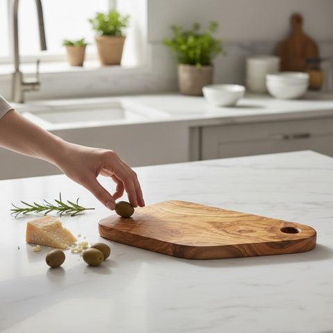 Handmade Olive Wood Cutting Board with Handle & Hanging Hole | Rustic Bread Cheese & Serving Board | Beautiful Natural Grain | 28 cm