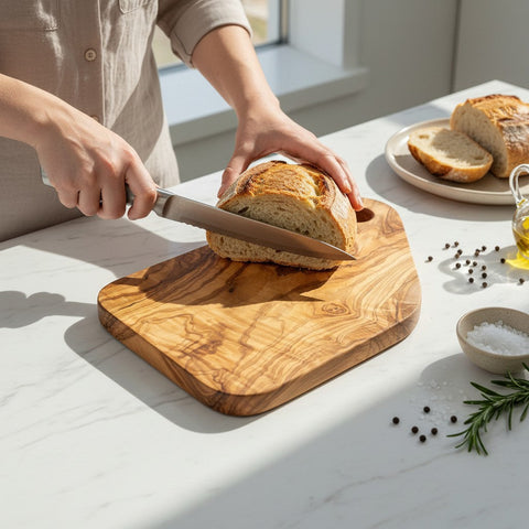 Handmade Olive Wood Cutting Board with Handle & Hanging Hole | Rustic Bread Cheese & Serving Board | Beautiful Natural Grain | 28 cm