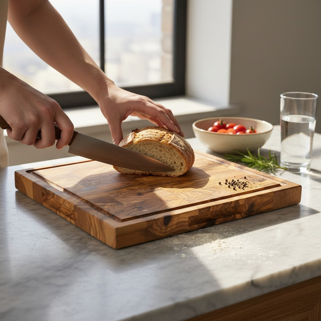 Handmade Square End Grain Olive Wood Chopping Board - Premium Butcher Block with Juice Groove & Side Handles