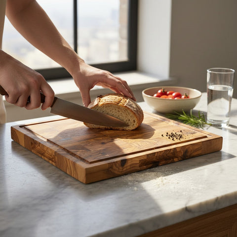 Handmade Square End Grain Olive Wood Chopping Board - Premium Butcher Block with Juice Groove & Side Handles