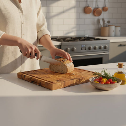 Handmade Square End Grain Olive Wood Chopping Board - Premium Butcher Block with Juice Groove & Side Handles