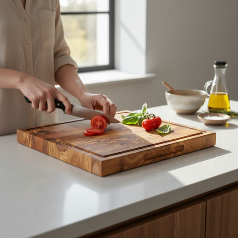 Handmade Square End Grain Olive Wood Chopping Board - Premium Butcher Block with Juice Groove & Side Handles