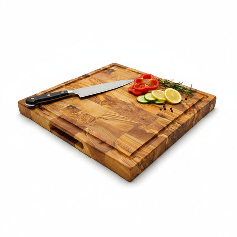 Handmade Square End Grain Olive Wood Chopping Board - Premium Butcher Block with Juice Groove & Side Handles