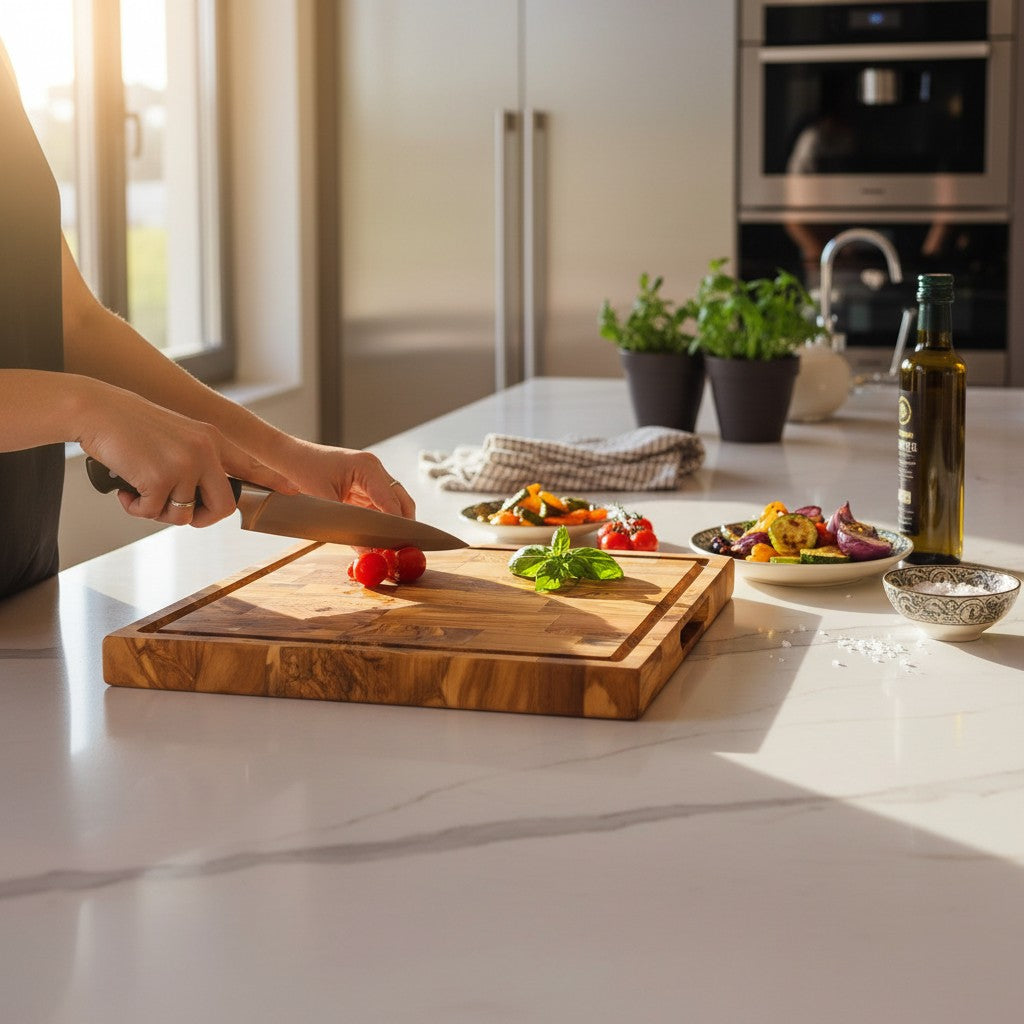 Handmade Square End Grain Olive Wood Chopping Board - Premium Butcher Block with Juice Groove & Side Handles