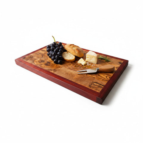 Professional End Grain Olive Wood Butcher Block with Exotic Red Wood Frame - Large 45cm Chopping Board