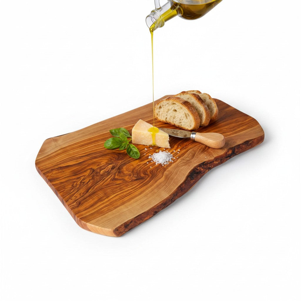 Handmade Olive Wood Live Edge Cutting Board — Rustic Charcuterie & Serving Board | Natural Bark Edge