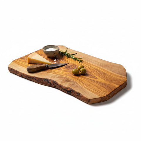 Handmade Olive Wood Live Edge Cutting Board — Rustic Charcuterie & Serving Board | Natural Bark Edge