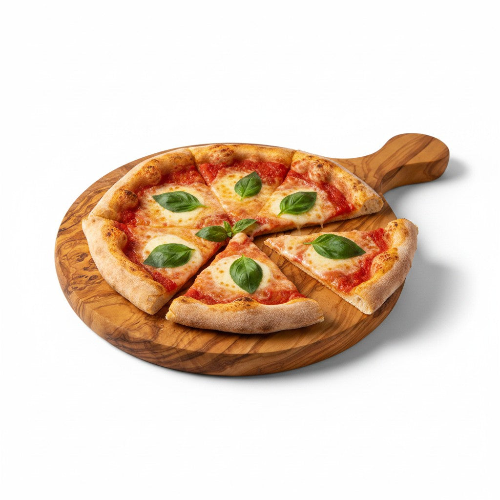 Handmade Olive Wood Round Pizza Board with Handle | Wooden Pizza Serving Paddle & Cheese Board | Natural Grain | 18–35 cm