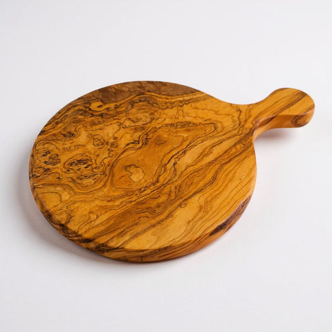 Handmade Olive Wood Round Pizza Board with Handle | Wooden Pizza Serving Paddle & Cheese Board | Natural Grain | 18–35 cm