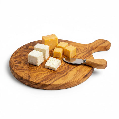 Handmade Olive Wood Round Pizza Board with Handle | Wooden Pizza Serving Paddle & Cheese Board | Natural Grain | 18–35 cm