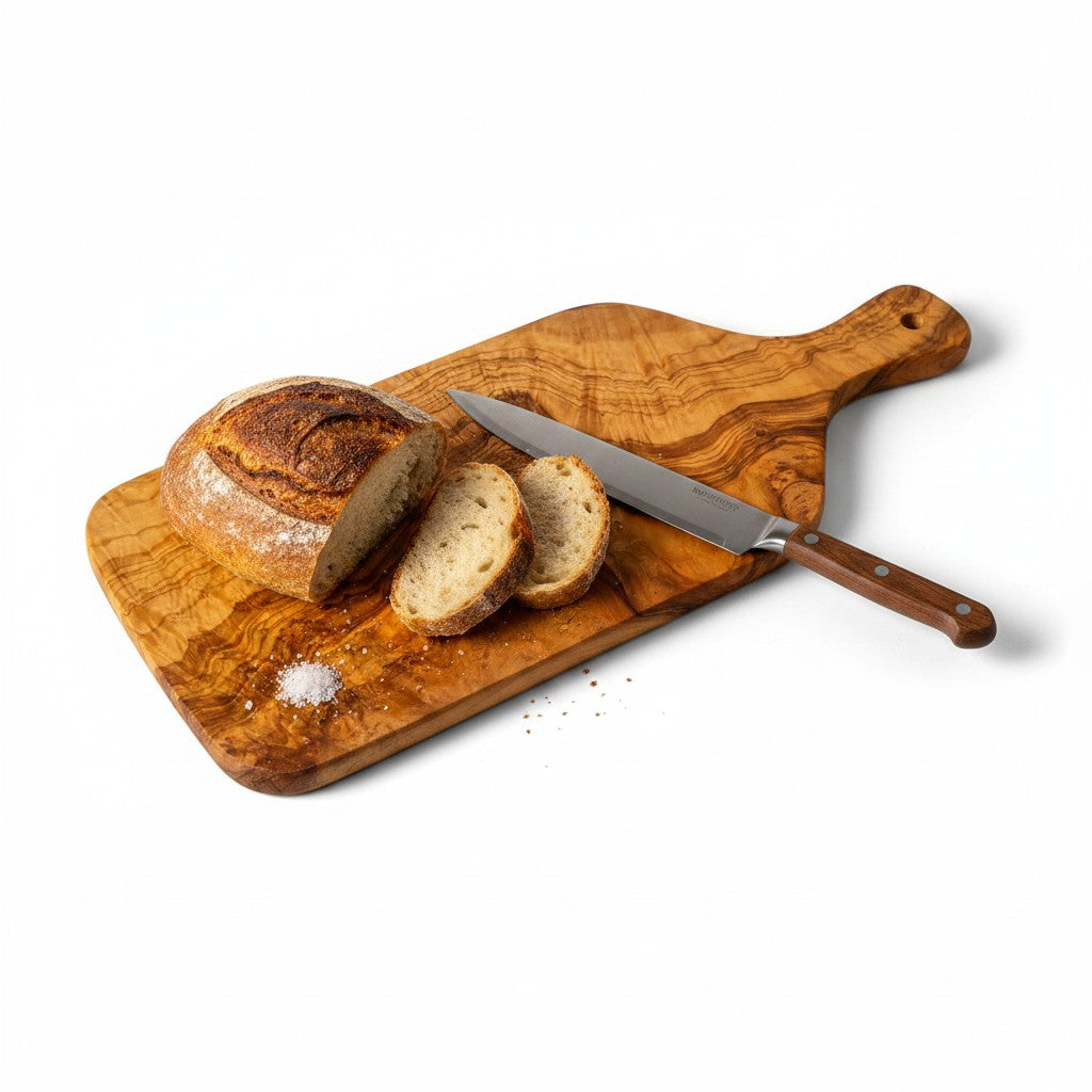 Handmade Olive Wood Rectangular Paddle Board with Handle & Hanging Hole | Live Edge Fruit Cheese & Serving Board | Unique Burl Grain | 33–45 cm