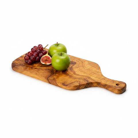 Handmade Olive Wood Rectangular Paddle Board with Handle & Hanging Hole | Live Edge Fruit Cheese & Serving Board | Unique Burl Grain | 33–45 cm
