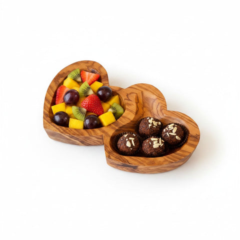 Handcrafted Olive Wood Double Heart Serving Bowl - 21cm 2-Compartment Tray