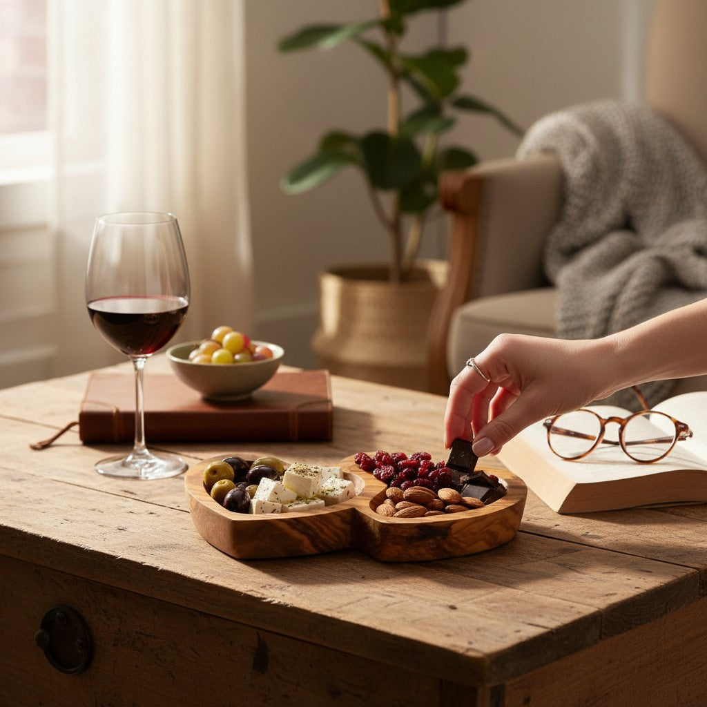 Handcrafted Olive Wood Double Heart Serving Bowl - 21cm 2-Compartment Tray