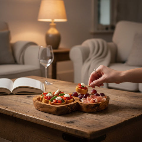 Handcrafted Olive Wood Double Heart Serving Bowl - 21cm 2-Compartment Tray