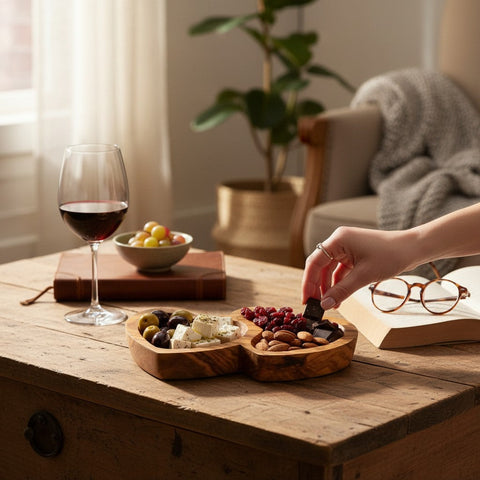 Handcrafted Olive Wood Double Heart Serving Bowl - 21cm 2-Compartment Tray