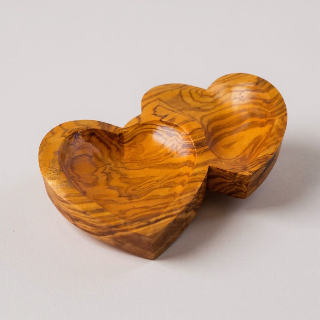 Handcrafted Olive Wood Double Heart Serving Bowl - 21cm 2-Compartment Tray