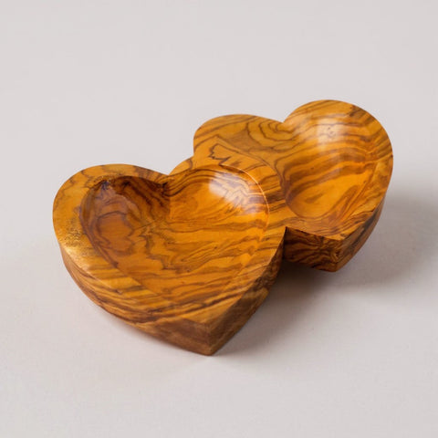 Handcrafted Olive Wood Double Heart Serving Bowl - 21cm 2-Compartment Tray
