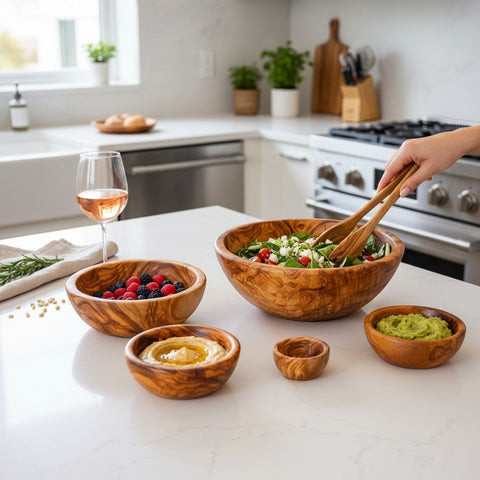 Handmade Olive Wood Bowl | Hand-Turned Wooden Salad Fruit & Serving Bowl | Beautiful Swirling Natural Grain | 6–20 cm
