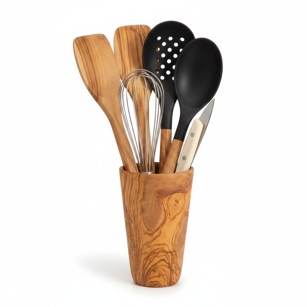 Olive Wood Kitchen Utensil Holder | Wooden Countertop Spoon Spatula Organizer