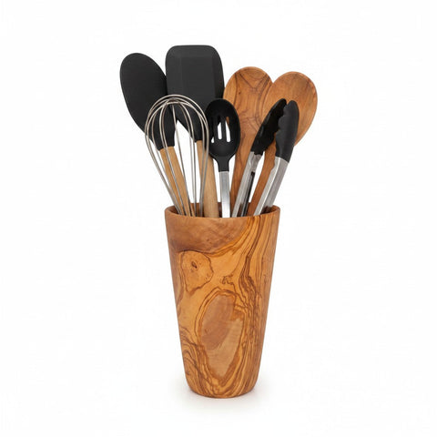 Olive Wood Kitchen Utensil Holder | Wooden Countertop Spoon Spatula Organizer