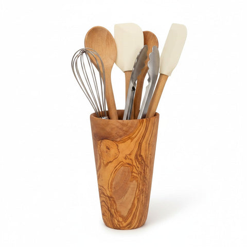 Olive Wood Kitchen Utensil Holder | Wooden Countertop Spoon Spatula Organizer