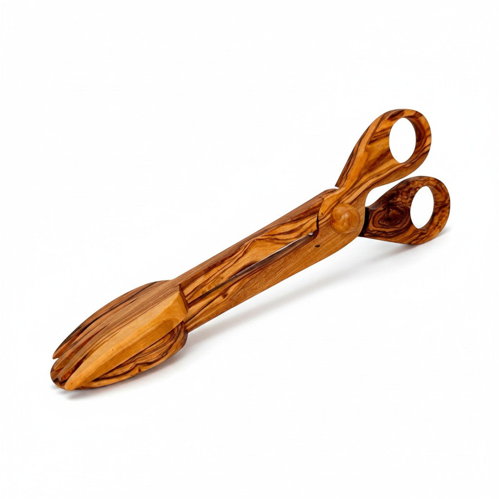 Olive Wood Salad Tongs | Wooden Serving Cooking Scissors Spoon Fork Food Clamps
