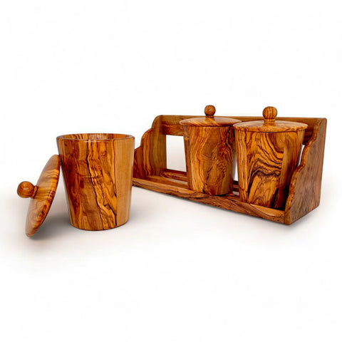 Olive Wood Storage Canister Set of 3 with Rack | Wooden Kitchen Spice Jar Pots