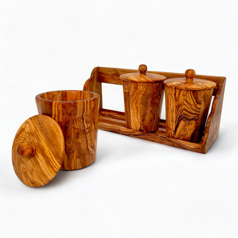 Olive Wood Storage Canister Set of 3 with Rack | Wooden Kitchen Spice Jar Pots