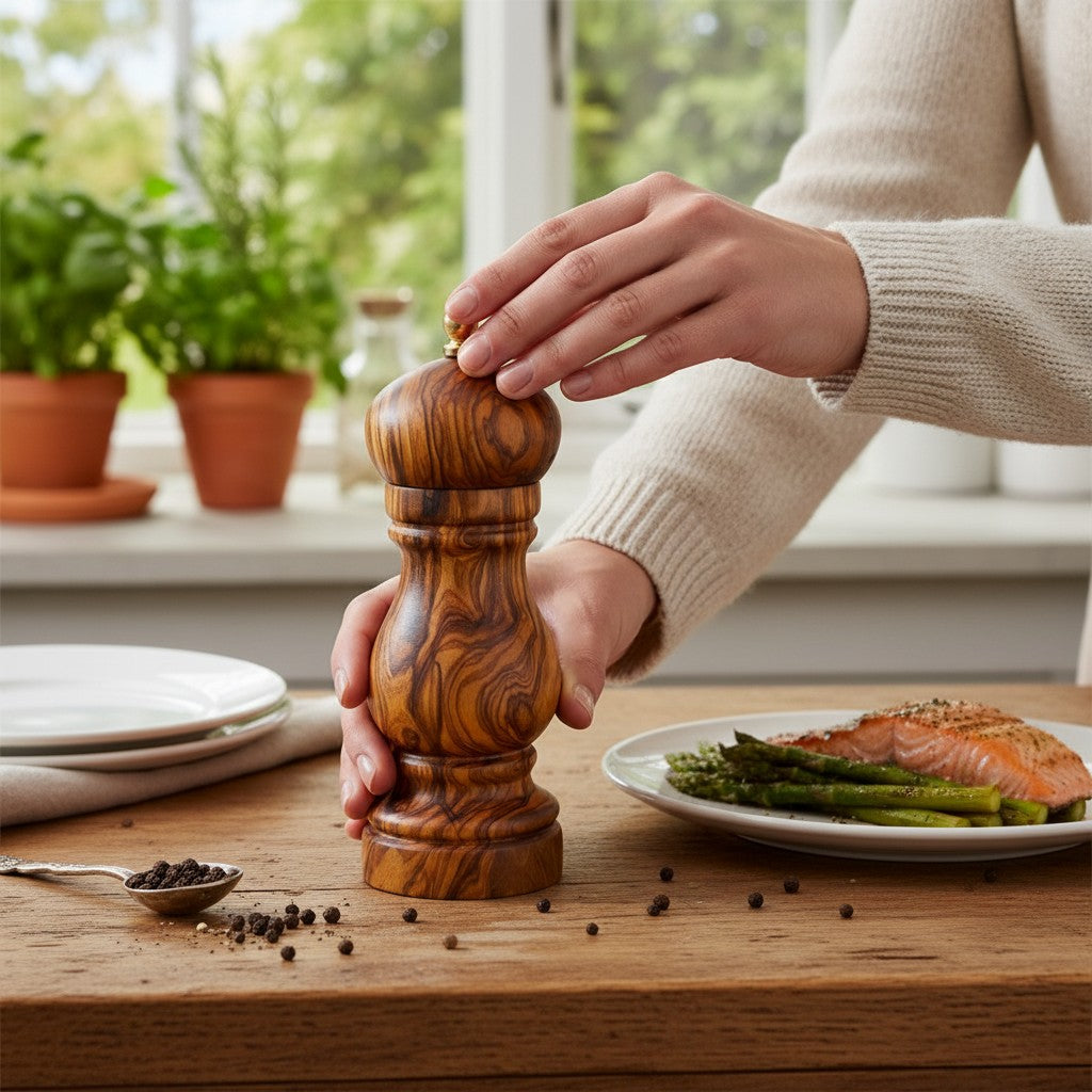 Olive Wood Spice Grinder Mill | Traditional Wooden Salt & Pepper Herb Shaker