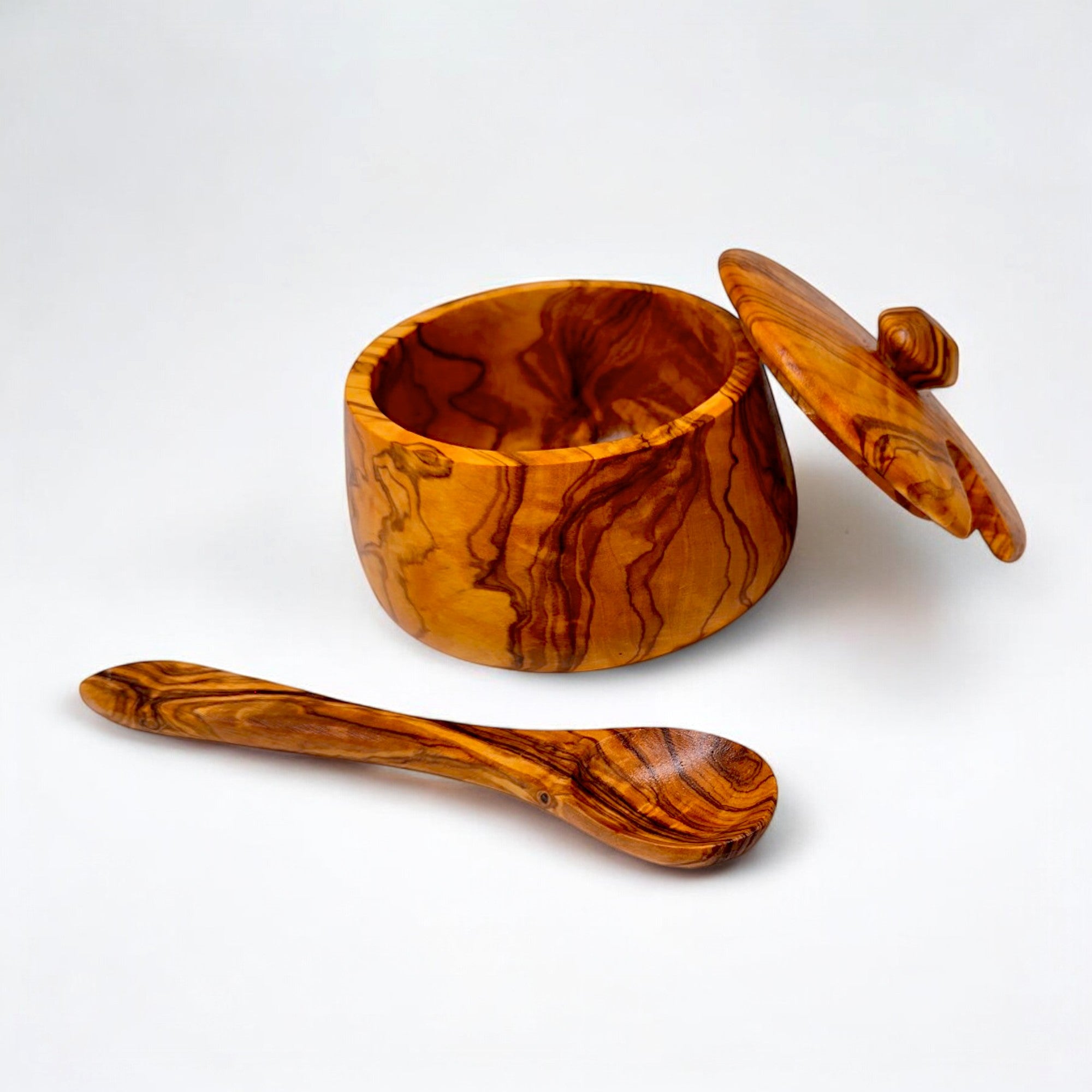 Olive Wood Handcrafted Tea Coffee Sugar Bowl W/ Spoon And Lid