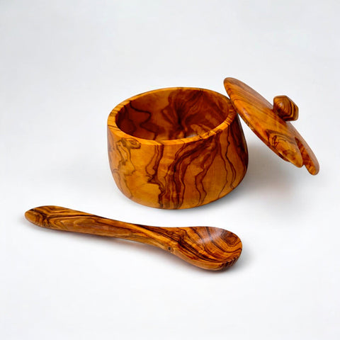 Olive Wood Handcrafted Tea Coffee Sugar Bowl W/ Spoon And Lid