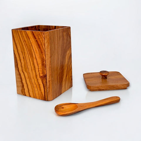 Handcrafted Olive Wood Square Salt Keeper - Wooden Spice Box Pots & Spoon