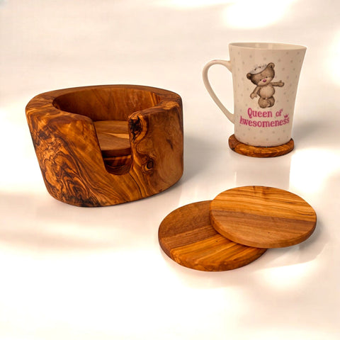Olive Wood Coaster Set of 6 in Holder 12 cm