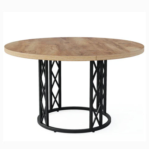 Industrial Round Dining Table - Rustic Wood Top with X-Frame Metal Pedestal