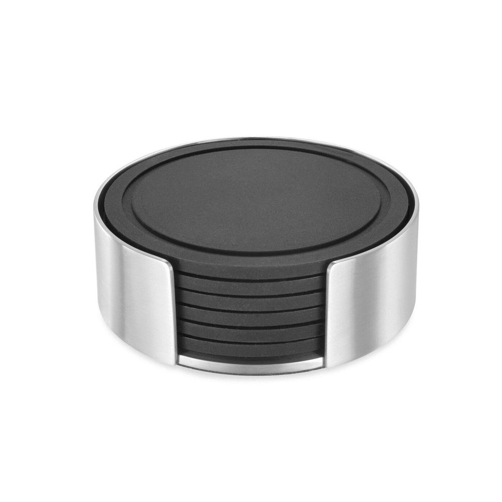 Zack Vetro Silicone Coaster Set with Brushed Steel Stand | Set of 6