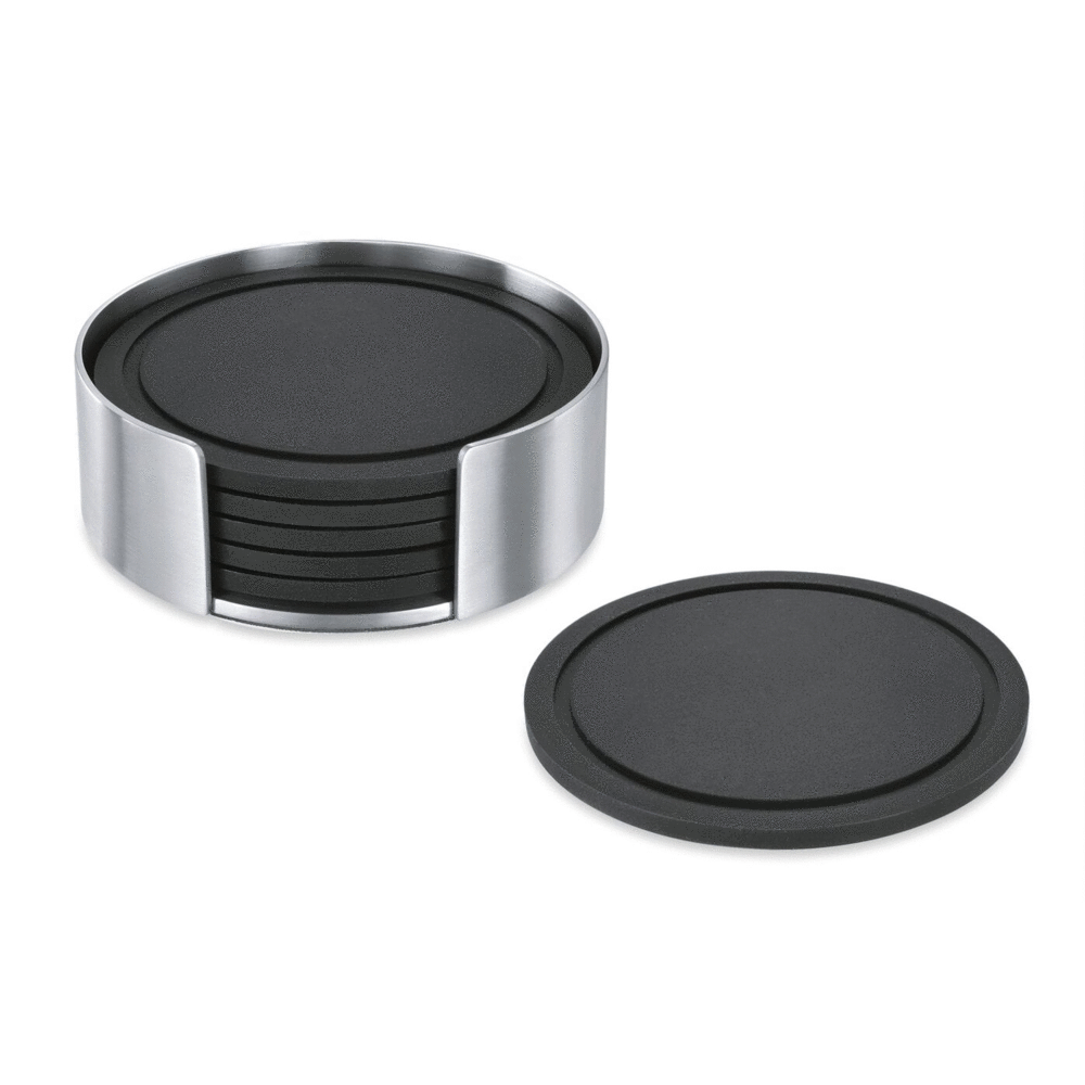 Zack Vetro Silicone Coaster Set with Brushed Steel Stand | Set of 6
