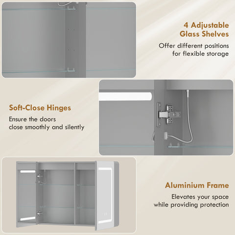 HOMCOM Mirrored Bathroom Cabinet with LED Lights, 60 x 80 cm Bathroom Mirror Cabinet with Anti-Fog, 3 Colour Dimmable Lighting
