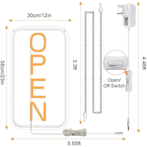 White rectangular led light panel with orange oluz branding and silver chains for 22.8 by 11.8 led neon open sign