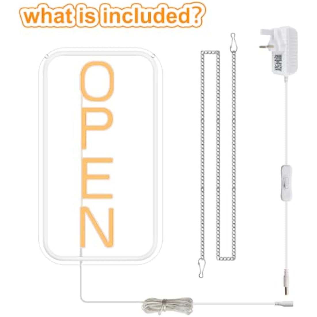 White rectangular led neon open sign with orange ozlun lettering and power cord for stores and restaurants