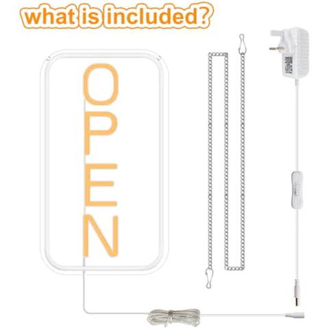 White rectangular led neon open sign with orange ozlun lettering and power cord for stores and restaurants