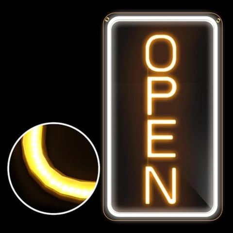 A 22.8x11.8 led neon open sign with warm yellow vertical letters and bright white border for stores and restaurants