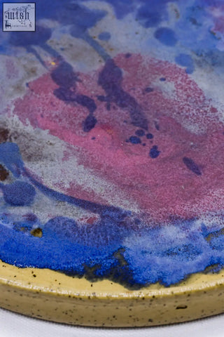 23 cm deepsea stoneware handmade ceramic dinner plate with vibrant blue pink glaze and speckled yellow rim