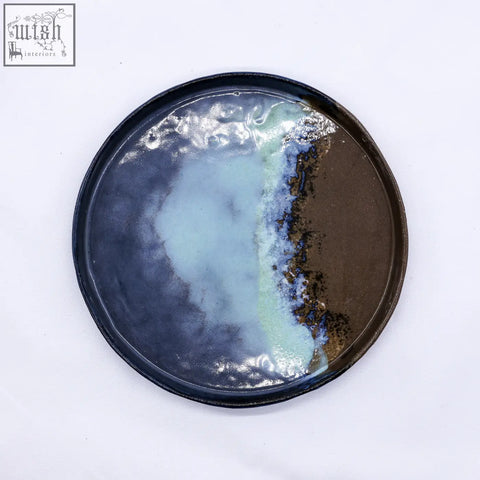 Handcrafted 23 cm seabrook smoked grey large stoneware dinner plate with glossy abstract blue and brown glaze