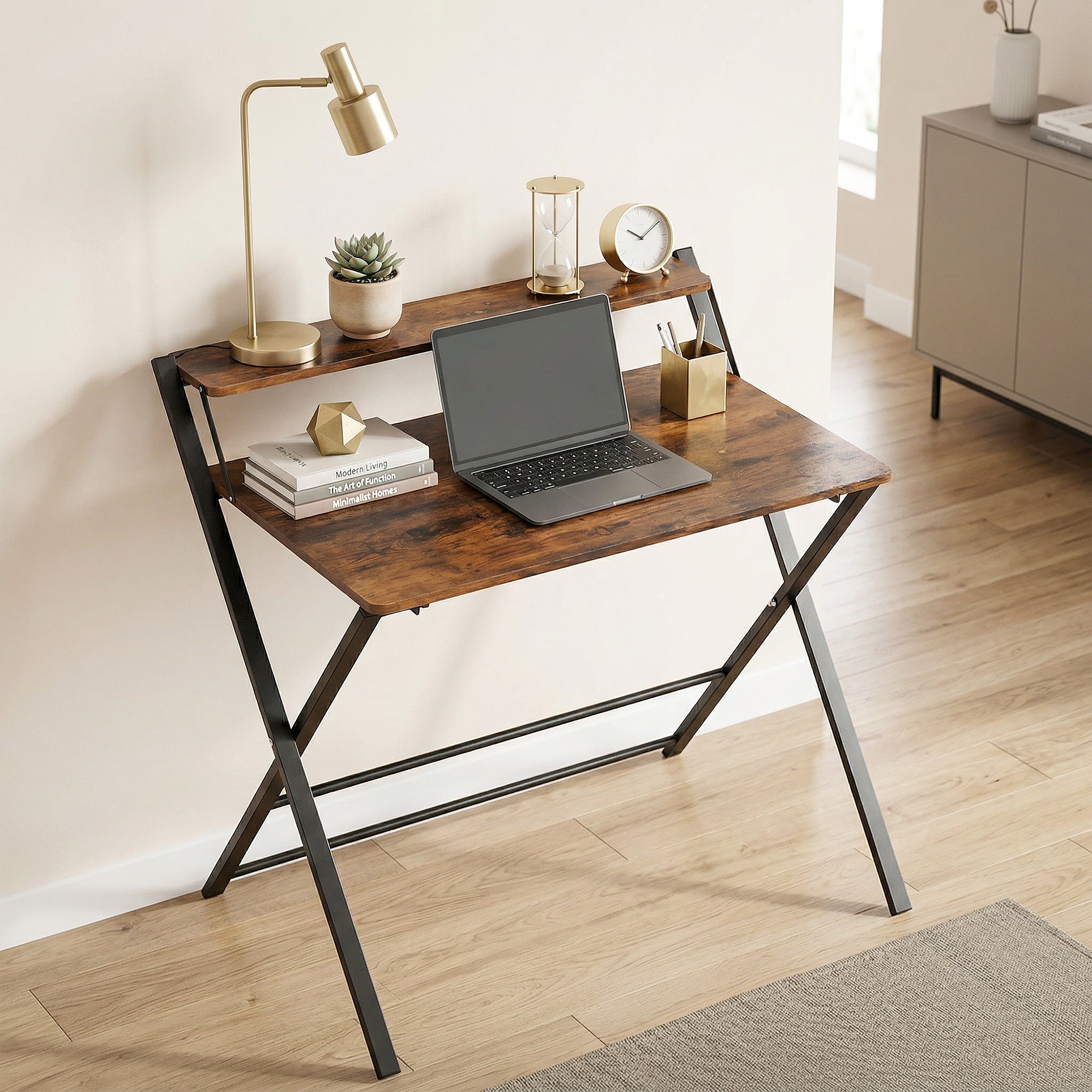 HOMCOM Compact Folding Desk for Small Spaces with Storage Shelf for Home Office, Rustic Brown