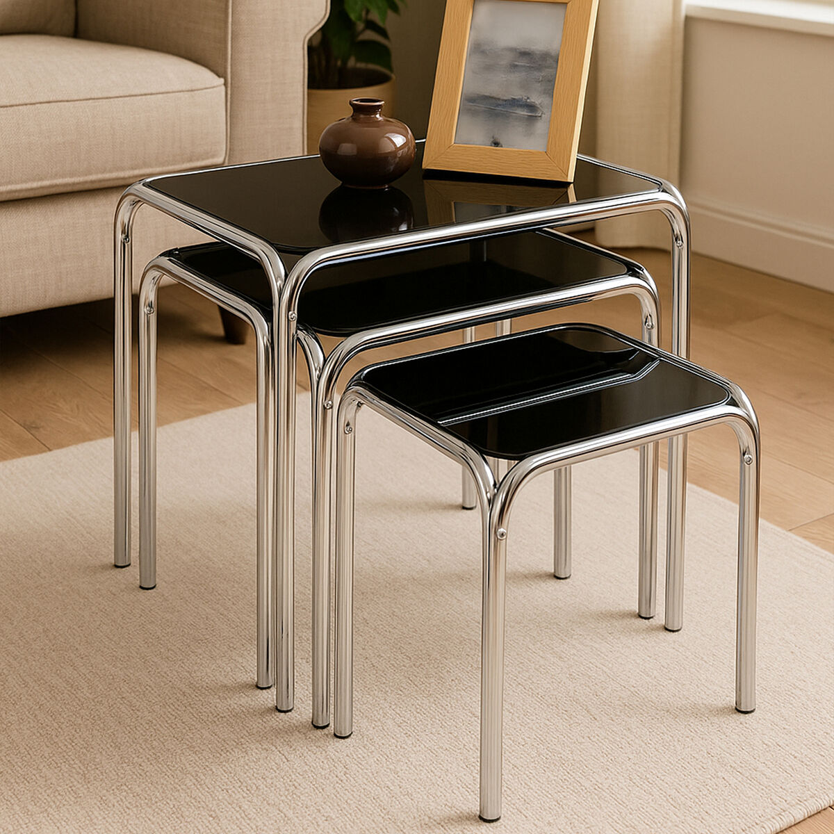 Jordan Set Of Three Black Glass Nest Of Tables