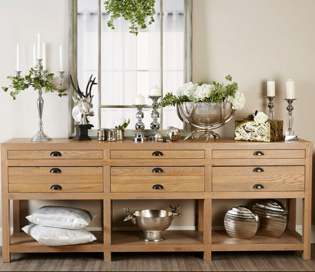 Lyon Washed Grey Oak Wood Console Table with Drawers