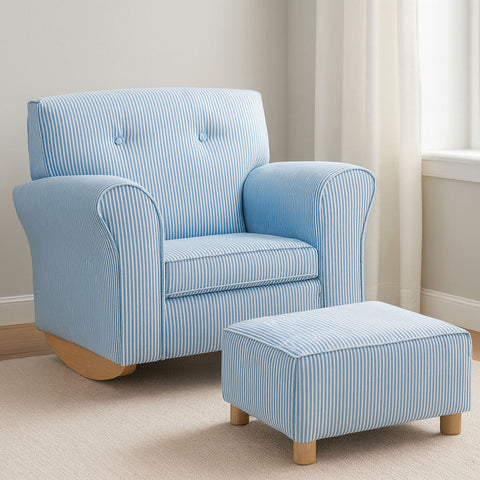 Kids Blue And White Stripe Rocking Chair With Footstool