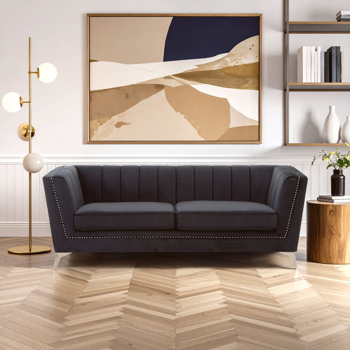 Hansa Three Seat Black Velvet Sofa